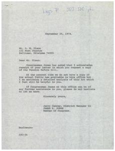 Congressman Jones Acknowledges Request for Pension Reform Bill Copy, 1974-09-25